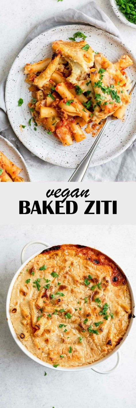 This delicious vegan baked ziti is made with seitan sausage and an easy homemade mozzarella sauce. It's your childhood classic comfort food made vegan! Vegan Veggie Bake Recipes, Vegan Ziti Bake, Vegan Baked Pasta Recipes, Vegan Mostaccioli, Vegan Pasta Casserole Recipes, Vegan Ziti, Easy Vegan Casserole, Vegan Baked Ziti Recipe, Cashew Ricotta Cheese