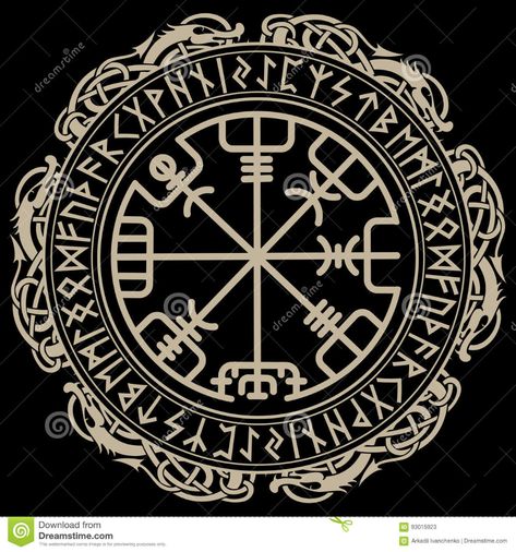 Viking Design. Magical Runic Compass Vegvisir, in the Circle of Norse Runes and Dragons Stock Vector - Illustration of edda, mystery: 93015923 Rune Vichinghe, Runes Tattoo, Viking Compass Tattoo, Escudo Viking, Viking Rune Tattoo, Runic Compass, Rune Viking, Symbole Viking, Rune Tattoo