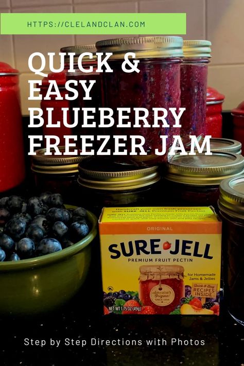 Homemade Jam With Frozen Fruit, Blueberry Freezer Jam Recipe Sure Jell, Sure Jell Blueberry Jam Recipe, Huckleberry Freezer Jam Recipe, Frozen Blueberry Jam, Blueberry Freezer Jam Recipe, Blueberry Jelly Recipe, Blueberry Ideas, Blueberry Freezer Jam