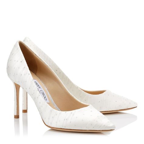 Jimmy Choo | White / Silver Satin Pointy With Glitter Polka Dots & Clo Jimmy Choo Romy 100, Jimmy Choo Gold, Jimmy Choo Romy, Pointy Pumps, Jimmy Choo Heels, Ankle Strap Wedges, White Tulle, White Pumps, Jimmy Choo Shoes