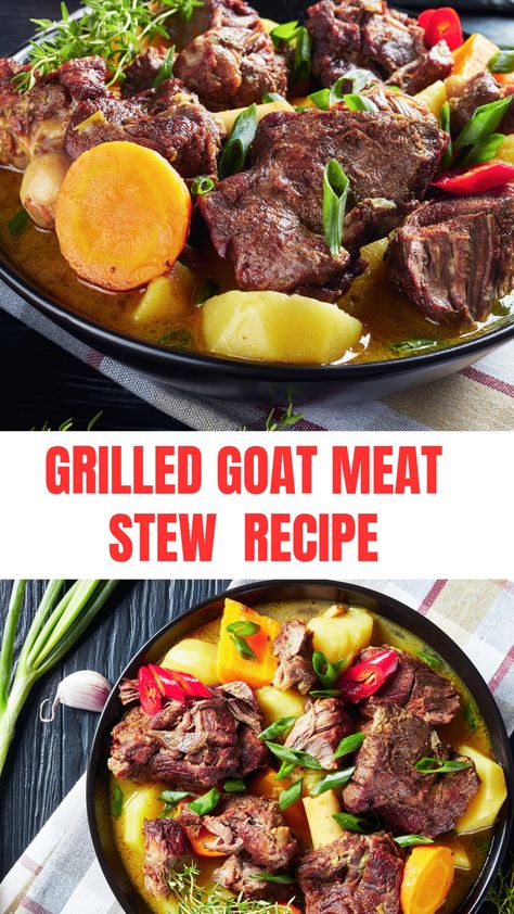 Goat meat stew Goat Soup Recipes, Recipes With Goat Meat, Goat Meat Stew Recipes, How To Cook Goat Meat Recipes, Goat Meat Recipes, Goat Stew Recipe, African Goat Stew Recipe, Meat Soups, Mexican Dessert Recipes Easy