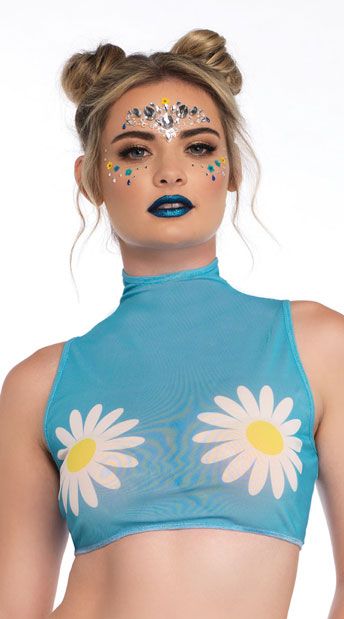 Alien Crop Top, Daisy Crop Top, Festival Makeup Rave, Daisy Top, High Neck Crop Top, Clothing Jewelry, Mesh Crop Top, Wear Crop Top, Gothic Clothing