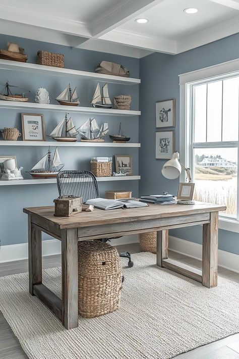 29 Coastal Farmhouse Decor Ideas That Blend Rustic Charm with Oceanic Vibes 8 Coastal Farmhouse Office, Coastal Office Ideas, Soft Blue Walls, Coastal Office, Coastal Deco, Shelves Display, Maritime Decor, Coastal Farmhouse Decor, Farmhouse Office