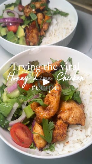 919K views · 1.3K reactions | Easy dinner idea: Honey Lime Chicken bowl Ingredients:1 chicken breast thinly slicedSeasoned with:PaprikaChili powderSalt & pepper1 lime juiced2 tbsp honeyFor the Cucumber & Avocado Salad:1/2 cucumber cut1 avocado cubed1/2 red onion sliced1.5 tbsp honeyS & p to taste1 lime juicedMinced cilantroSide rice & mixed lettuce as the bed for the cucumber & avocado salad! All together makes such a nice light and flavorful bowl! Recipe: In a medium pan over medium heat, add oil and allow the pan to get very hot. Add the chicken and cook for 3-4 minutes, until it is no longer pink. Reduce the heat, then add lime juice and honey. Let it simmer for another 3-4 minutes, or until the sauce thickens. For the salad, chop the vegetables, add them to a bowl, and mix well.Enjoy! Lime Chicken Bowl, Eat More Chikin, Reset Recipes, Lime Chicken Recipes, Cucumber Avocado Salad, Honey Lime Chicken, Bowl Meals, Cucumber Avocado, Quick Food