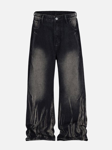 TALISHKO - Washed Stained Wide-Leg Jeans - streetwear fashion - talishko.com Black Jeans Design, Archive Clothing, Jackets Y2k, Clothing Branding Design, Denim Washes, Drip Fits, Black Denim Pants, African Clothing For Men, Samos