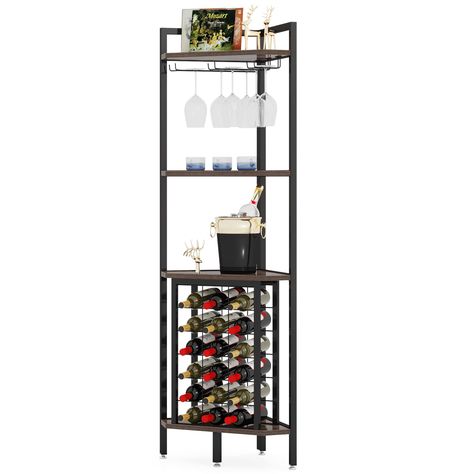 Corner Wine Rack Freestanding Floor Corner Bar Shelf with Glass Holder for Small Space, Brown Tree Corner, Small Bar Area, Corner Wine Rack, Home Bar Essentials, Corner Shelving Unit, Wine Rack Bar, Wine Shelf, Corner Bar, Wine Bar Cabinet