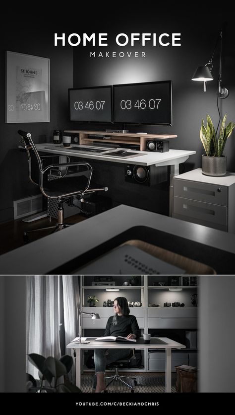 Black Office Design, Desk Themes, Set Up Pc, Recording Desk, Dreamy Patio, Tech Home Office, Revit Tutorial, Small Office Design Interior, Diy Home Office