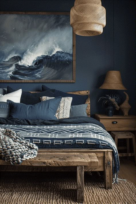 modern rustic blue bedroom Blue Bedroom With Wood Furniture, Cool Blue Bedroom Ideas, Boat Room Decor, Blue Grey Bedding Ideas, Dark Blue Wall Curtain Ideas, Dark Blue Masculine Bedroom, Wood And Navy Bedroom, Dark Coastal Interior Design, Modern Blue Interior Design