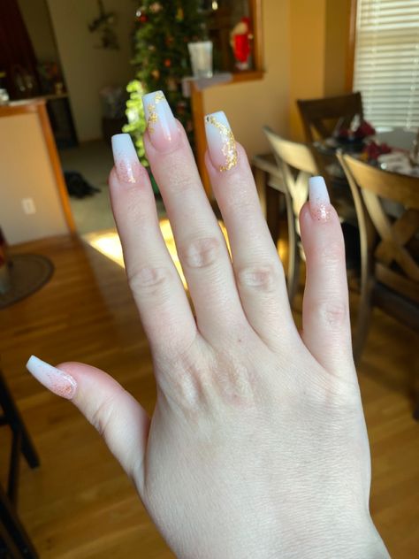 Gold Flake French Nails, Pink And White Ombre Nails With Gold Flakes, Short White Nails With Gold Flakes, White French Tip Nails With Gold Flakes, French Nails With Gold Flakes, White Ombre Nails With Gold, French Nails With Gold Foil, White With Gold Flakes Nails, Ombre Nails With Gold Flakes