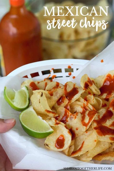 Mexican Street Chips with Hot Sauce & Lime Snack Potato, Mexican Chips, Slow Cooker Shredded Chicken, Mexican Sauce, Mexican Snacks, Mexican Street Food, Kettle Chips, Food Basket, Chips And Salsa