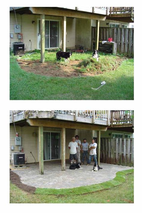 Townhouse backyard, walk out basement, patio under deck, patio has curved shape Basement Patio Under Deck, Under Deck Patio Ideas, Under Deck Patio, Deck Patio Ideas, Townhouse Patio, Townhouse Backyard, Basement Patio, Patio Ideas Townhouse, House Diys