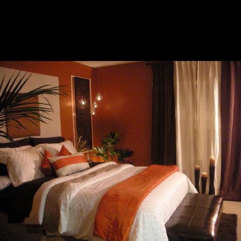 Love burnt orange Orange Bedroom Walls, Burnt Orange Bedroom, Orange Bedroom Decor, Orange Rooms, Apartment Decorating Living, Orange Bedroom, Bedroom Orange, Apartment Bedroom Decor, Bedroom Wall Paint