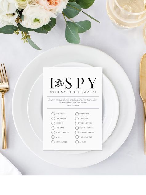 I Spy With My Little Camera Editable Pdf Template INSTANT - Etsy Canada Wedding I Spy, Spy Wedding, Reception Games, Wedding Reception Games, Mountain Wedding Invitations, Etsy Shop Branding, Hashtag Sign, Kids Table, Wedding Games