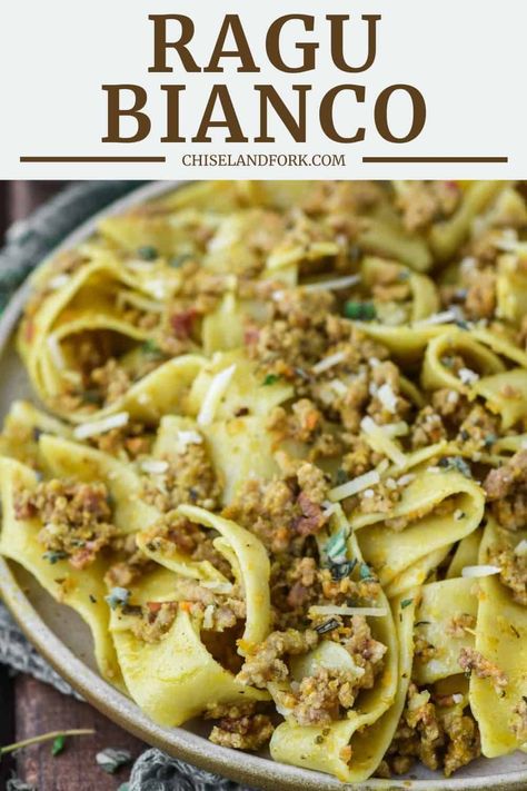 While pasta bolognese is more famous, this ragu bianco is the white sauce version and just as flavorful and comforting. #ragubianco #whitebolognese #pasta | chiselandfork.com Ragu Bianco, Italian Ragu, Pasta Board, London Painting, Italian Breakfast, Pasta Bolognese, Mince Recipes, Pasta Night, Pasta Dinner Recipes