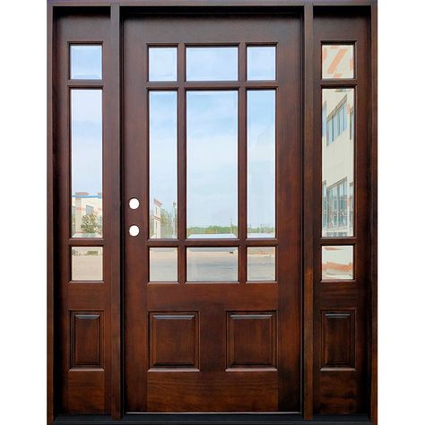 mahogany-front-door-9-lite-1p-sidelites-EM32 Craftsman Front Door, Arched Entry Doors, Exterior Doors With Sidelights, Front Door With Sidelights, Glass Entrance Doors, Craftsman Front Doors, Door With Sidelights, Entry Door With Sidelights, Craftsman Style Doors