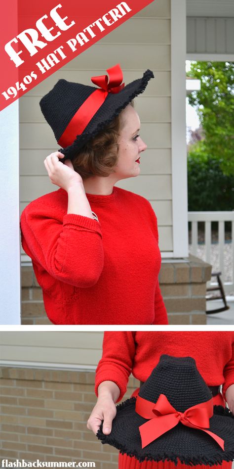 I was in desperate need of a 1940s hat, but I just couldn't find one in the right shape and price range. But voilá! This vintage 1940s crochet pattern from my stash worked perfectly, and I'm sharing the pattern for free on my blog! 1940 Crochet Patterns, 1940s Crochet Patterns, Crochet Vintage Hat, 1940s Crochet, Historical Knitting, 1940s Hair, 1950s Hats, Caron One Pound Yarn, Crocheted Accessories