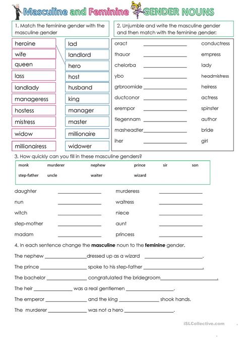 Nouns Gender - English ESL Worksheets for distance learning and physical classrooms Gender Worksheet, Gender Nouns, Gender In English, Nouns Exercises, Nouns Grammar, 2nd Grade Reading Comprehension, Worksheet For Kindergarten, English Adjectives, Grammar For Kids