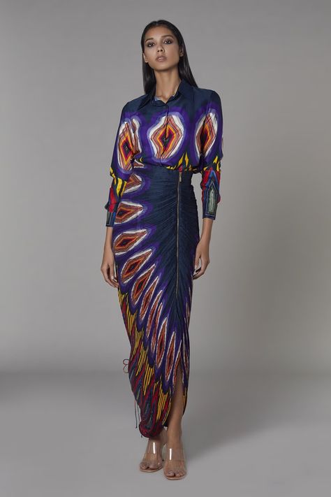 Shop for these amazing collections of Multi Color Satin Printed Abstract Collared Neck Shirt For Women by Saaksha & Kinni online at Aza Fashions. Color Abstract, Draped Skirt, Printed Skirt, African Prints, Africa Fashion, Indian Fashion Designers, Satin Color, Kaftan Dress, Designer Gowns