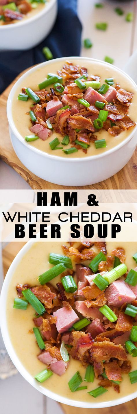 For those cheese and beer lovers - this Ham and White Cheddar Beer Cheese Soup is delicious creamy and full of flavor thanks to two types of cheese, beer, ham and bacon! Cheddar Beer Soup, Soup Easy Recipes, Easy Beer Cheese Soup, Beer Cheddar Soup, Beer Cheese Soup Recipes, Beer Soup, Beer Cheese Soup, Beer Cheese Soups, Cheese Soup Recipes