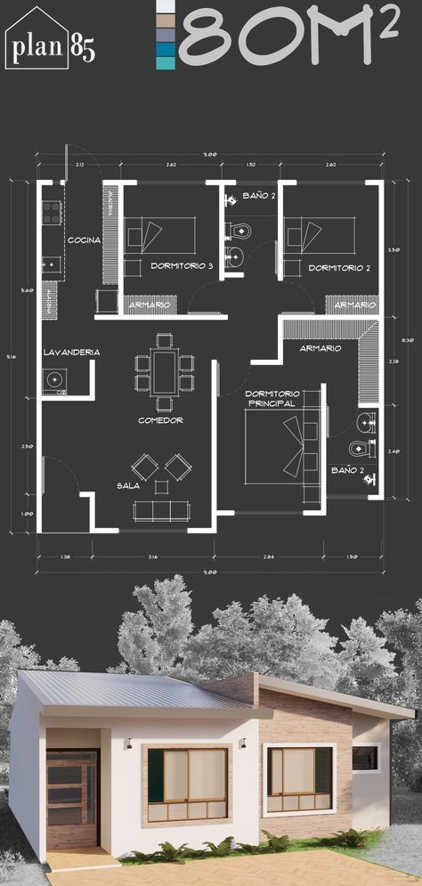 80m2 House Plans, Layout Design Architecture House Plans, Small Modern House Plans, Pelan Rumah, Small House Layout, House Floor Design, Gold Cutlery, Simple House Design, House Plan Gallery