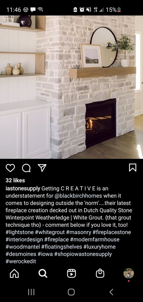 White Stone Fireplace With Wood Mantel, Indoor Fireplace Ideas, Wood Stoves Ideas, Two Story Fireplace, White Stone Fireplaces, Stone Veneer Fireplace, Fireplace Wood, Stone Fireplaces, Room Fireplace