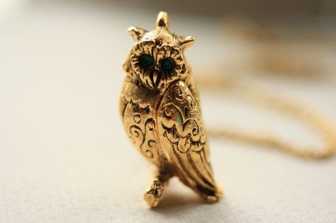 Gold Owl Perfume Locket Necklace Long Pendant Vintage by FreshyFig Emerald Green Eyes, Perfume Locket, Filigree Pendant Necklace, Antique Perfume Bottles, Antique Perfume, Owl Necklace, Owl Jewelry, Vintage Owl, Owl Pendant