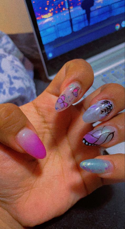 Tanjiro Nails, Shinobu Nails, Mitsuri Nails, Demon Slayer Inspired Nails, Nezuko Nails, Demon Slayer Nails, Butterfly Nail Designs, Anime Nails, Pointed Nails