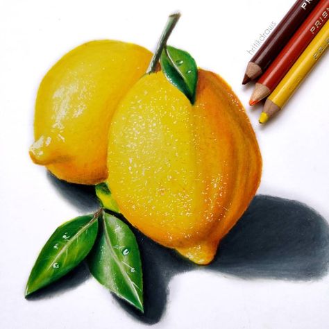 Colored Pencil Artwork Ideas, Lemon Drawing, Prismacolor Drawing, Fruit Art Drawings, Color Pencil Sketch, Prismacolor Art, Fruits Drawing, Crayon Drawings, Black Paper Drawing