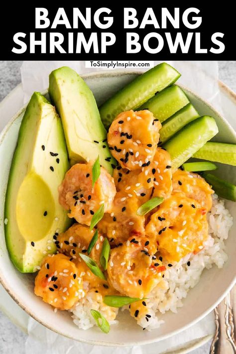 Crispy shrimp coated in bang bang sauce, crunchy cucumbers, and creamy avocado on rice is what you'll find in this super simple, incredibly delicious Bang Bang Shrimp Bowls! Shrimp Rice Bowl Yum Yum Sauce, Easy Healthy Meals Shrimp, Sushi Bowls With Shrimp, Healthy Shrimp Dishes Clean Eating, Spicy Mayo Shrimp Bowl, Healthy Dinner Recipes For Two Fish, Shrimp And Rice Recipes Easy Healthy, Quick Seafood Dinner, Healthy Dinner Recipes For Two Shrimp