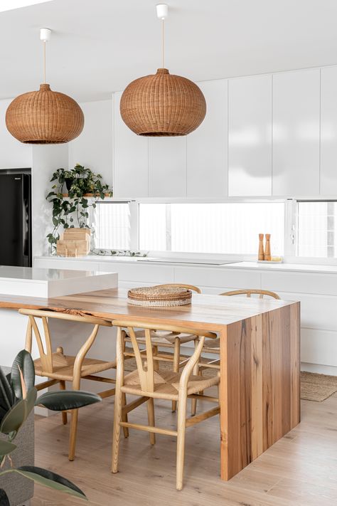 Kitchen Island Bench Overhang, Island Bench Kitchen Table, Island Bench And Dining Table, Long Island Bench Kitchen, Island Bench With Table Attached, Kitchen Bench Dining Table, Wooden Waterfall Island, Island Bench Dining Table Combo, Island Bench Sink