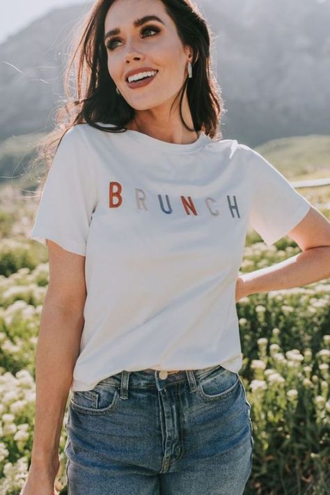 Brunch t shirt FR05 Winter Apparel, Brunch Time, Modest Clothing, Round Neck Tees, Brunch Outfit, Dressy Tops, Fall Style, Girls Night Out, Modest Outfits