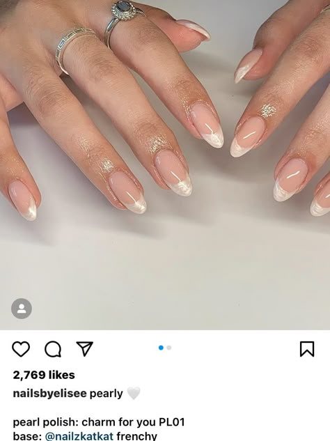 French Ombre Pearl Nails, Pearly French Tip Nails, Saturn Nails Design, Pearl Chrome French Tip Nails, White French Tip Nails Almond Pearl, White French Tip With Pearl Chrome, Pearl French Tip Nails, Hailey Bieber Nails Pearl French Tip, Almond Acrylic Nails Designs