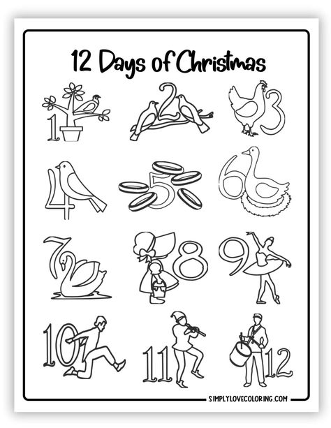 12 Days of Christmas Coloring Pages (Free PDF Printables) 12 Days Of Christmas Pictures Printable, 12 Days Of Christmas Bulletin Board, 12 Days Of Christmas Printables Free, 12 Days Of Christmas Crafts For Kids, 12 Days Of Christmas Illustration, 12 Days Of Christmas Activities, 12 Days Of Christmas Crafts, Christmas Coloring Pages Free, Homeschool Christmas