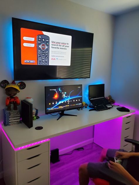 Easy ikea alex desk upgrade Gaming Desk In Bedroom, Gaming Desk Ikea, Gaming Desk Setup Boys, Ikea Desk Gaming Setup, Ikea Alex Desk Gaming Setup, Led Desk Setup, Ps5 Desk Setup, Boys Gaming Desk, Ikea Gaming Desk Setup