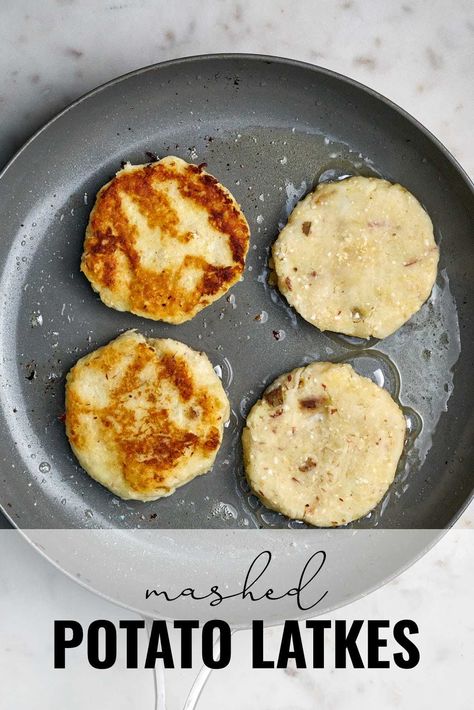 Pan-fried Potato Latkes use mashed potatoes instead of grated potatoes for the perfect crispy-outside soft-inside Chanukah treat. #chanukah #latkes Mashed Potato Latkes, Potato Lefse Recipe, Fried Potato, Potato Latkes, Matzo Meal, Hanukkah Food, How To Make Potatoes, Grated Potato, Leftover Mashed Potatoes