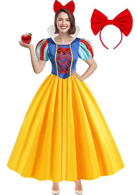 PRICES MAY VARY. Classic Design:The snow white costume for women features white collar,red and blue top with puffed sleeves,yellow full-length skirt,red ribbon tied at the front makes the dress fit better.Matching a red bow headband to complete the princess look Package Included:Our adults snow white costume set comes with 1 PC elegant princess dress and 1 PC red headband with a bow Quality Material:The snow white princess dress is well made with quality satin and polyester,which is both comfort