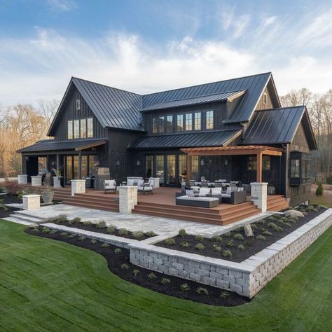 Barndominium Dream Barndominium Ideas Outside, Barndominium Patio, Modern Barndominium Ideas Exterior, Barndominium Balcony, Dark Barndominium Exterior, Large Barndominium, Two Story Barndominium, Cozy Barndominium, Luxury Barndominium