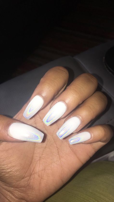 White coffin acrylic nails with holographic tips White And Holographic Nails, Holographic White Nails, White Nails With Holographic, White Holographic Nails, Holographic Tips, Nails With Holographic, White Tip Acrylic Nails, Holographic Nail Designs, Coffin Acrylic Nails