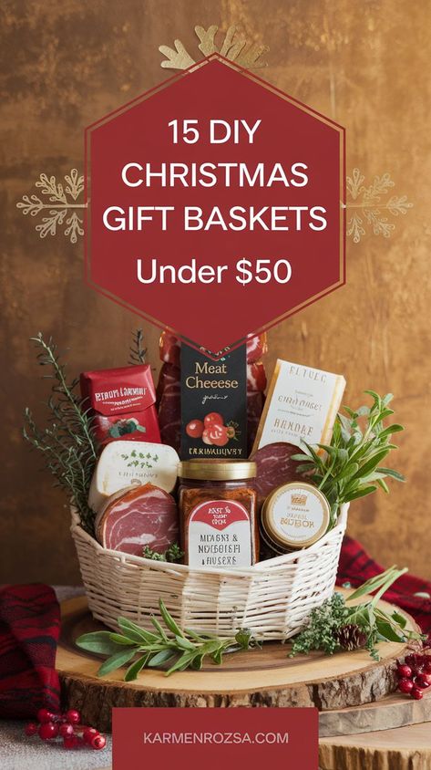 15 DIY Christmas Gift Baskets Under $50 with meat and cheese board ideas. Need Christmas gift ideas on a budget? These DIY Christmas gift baskets are perfect for the holiday season! Packed with affordable items, each basket is thoughtful, unique, and ideal for family, friends, and coworkers. Spread joy and cheer with the perfect Christmas gift basket this year. Simple Christmas Basket Ideas, Beef Jerky Gift Basket, Diy Meat And Cheese Basket, Meat Basket Gift Ideas, Meat And Cheese Basket Gift Diy, Christmas Hamper Ideas Diy, Cute Christmas Gifts Baskets, Meat And Cheese Board Ideas, Gift Basket Ideas For Neighbors