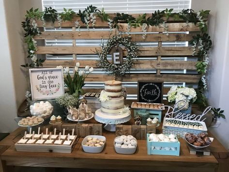 Baptism table decor Flower Setup Wedding Ideas, Rustic Party Ideas Birthday, Ideas For Confirmation Party, Rustic Theme Party Table Decorations, Boys Confirmation Party Ideas, First Communion Party Decorations, First Birthday And Baptism Ideas For Boy, Baby Boy Dedication Party Ideas, Baptism Boy Ideas