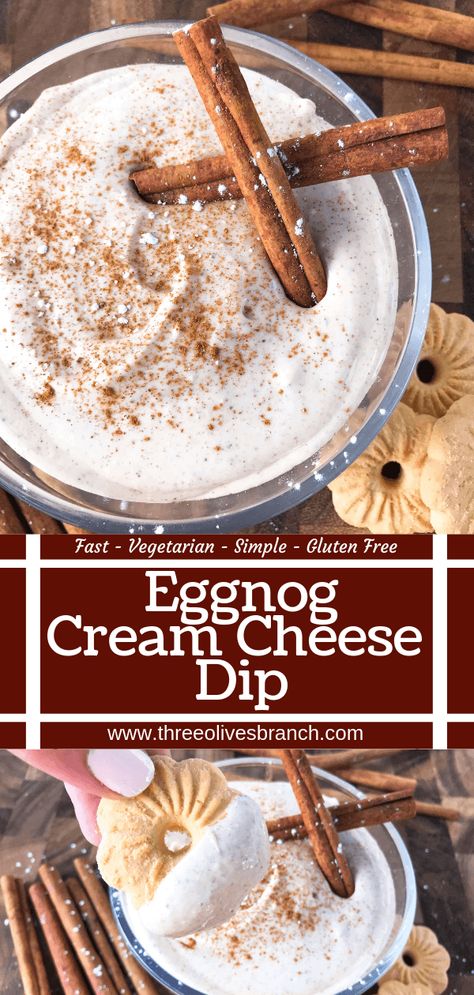 Ready in 5 minutes, this fast and easy holiday dessert is perfect for dunking Christmas cookies. Eggnog Cream Cheese Dip is made with cream cheese, sugar, eggnog, cinnamon, and nutmeg for a simple Christmas dessert. Vegetarian and gluten free. #christmasdessert #eggnog #christmasrecipe Eggnog Dip, Easy Cheese Dip, Easy Dessert Dips, Easy Holiday Dessert, Fast Easy Desserts, Dessert Dip Recipes, Easy Dessert Recipes Christmas, Apple Cream Cheese, Themed Recipes