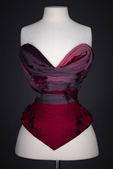 Exhibition: Incendiary: A History Of Red Lingerie - Chapter Five | The Underpinnings Museum Draping Corset, Lace Capelet, Silk Corset, Lace Tights, Overbust Corset, Designer Drapes, Red Lingerie, French Lace, Event Dresses