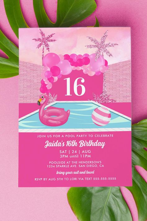 Pink Pool Party Birthday Invitation Pink Pool Party, Summer Birthday Invitations, Pink Pool, Bachelorette Pool Party, Summer Invitation, Pool Party Birthday Invitations, Flamingo Pool, Summer Pool Party, Pool Birthday Party