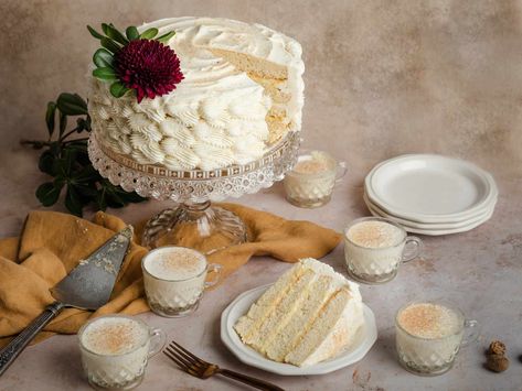 This towering four-layer cake is creamy and slightly boozy. Your guests will love this new way to enjoy their Christmas eggnog. Eggnog Buttercream, Christmas Eggnog, Custard Filling, Sprinkle Cake, Buttercream Recipe, Caramel Cake, Spice Cake, Round Cake Pans, White Cake