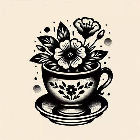 Old School Coffee Tattoo, Traditional Style Plant Tattoo, American Traditional Coffee Tattoo, American Traditional Black Tattoo, Traditional Coffee Tattoo, Traditional Teacup Tattoo, American Traditional Sleeve Black, Espresso Tattoo, American Traditional Black And White