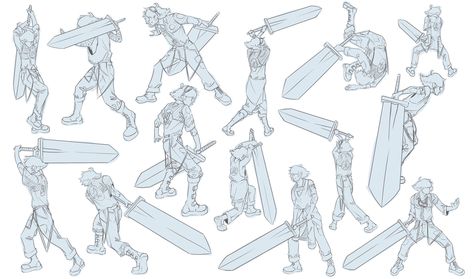 "Greatsword Gestures" by Owen Eastman Body Pose Drawing, Human Poses Reference, Sketch Inspiration, Character Poses, Figure Drawing Reference, Action Poses, Art Poses, Anime Poses Reference, Cool Art Drawings