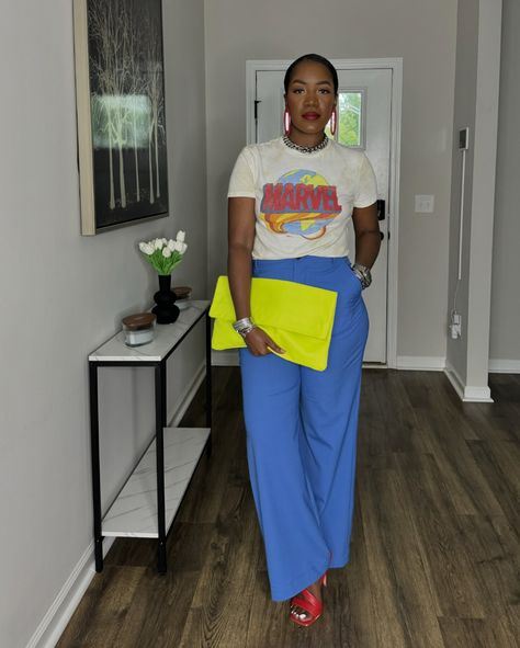 ~Recap of the OOTD~ Swipe to see the look styled with heels as well. Watch the previous reel for step by step details! 💚💙♥️ . 📌Exact graphic tee is linked in my stories and highlights under ‘graphic tees’. Shop exact and similar options on my @shop.ltk page linked in my bio. . ✨What I’m wearing: *Graphic tee: @junkfoodclothingco (gifted) *Pants: @zara *Clutch: @cortnieelizabeth *Earrings: @xoxo_bijou *Necklace: @imanijewelryco (gifted) *All bracelets: @amazonfashion *Sneakers: @jumpman23... How To Style A Graphic Tee Outfits, T Shirt And Heels Outfit, Shirt And Heels Outfit, Neon Sandals Outfit, Girl Boss Print, Casual Friday Outfit, Neon Sandals, Colour Blocking Fashion, Casual Work Attire