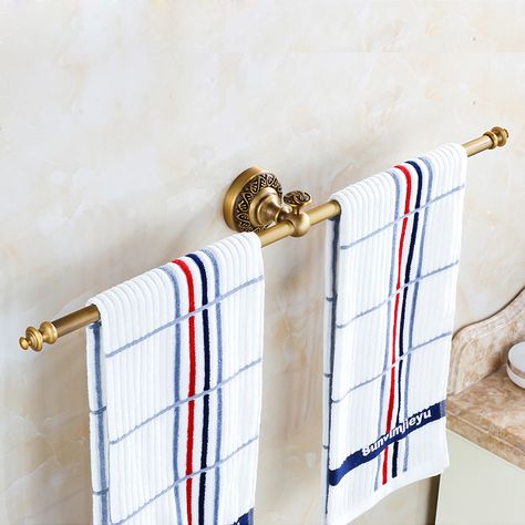 Bathroom - Towel Bars - European Retro Style Bathroom Products Bathroom Accessories Copper Art Towel Bar Towel Bar Placement, Antique Brass Bathroom, Brass Towel Bar, Vanity Counter, Wall Mounted Towel Holder, Timeless Bathroom, Double Towel Bar, Brass Bathroom, Copper Art