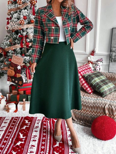 Green Casual Collar Long Sleeve  Plaid  Embellished Non-Stretch Fall/Winter Women Clothing Christmas Tea Outfits, Christmas Capsule Wardrobe, Christmas Tea Party Outfit, Green Outfit Christmas, Winter High Tea Outfit, Christmas Attire For Women, Xmas Outfits Women, Shein Outfits Fall, Outfit Navidad