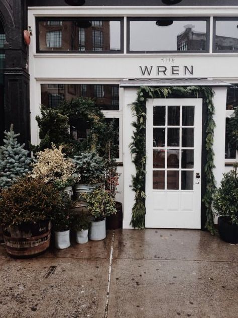 eleventhandbleecker: love a good brunch at the wren:) Storefront Design, Exterior Front Doors, Shop Fronts, Trendy Flowers, Cool Cafe, Cafe Shop, Design Light, Skagen, Cafe Restaurant